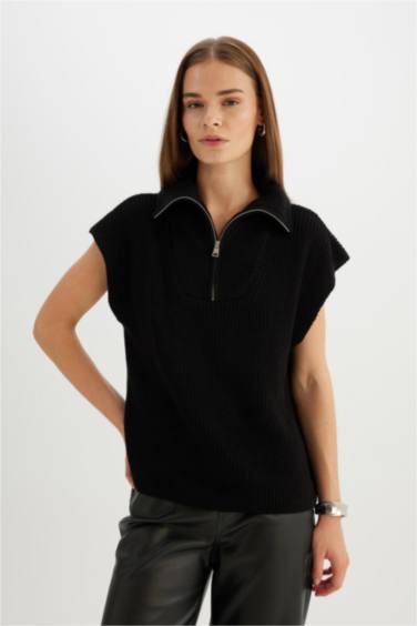 Relax Fit Fermuarlı Dik Yaka Selanik Kumaş Siyah Triko Süveter