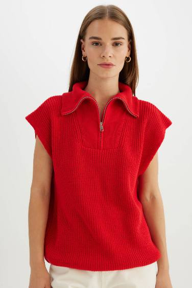 Relax Fit Zippered Collar Red Knitwear Vest