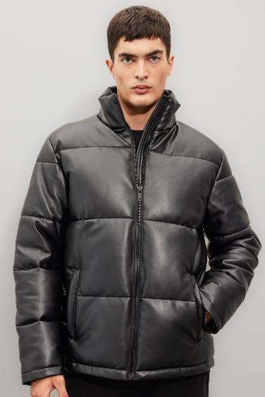 Waterproof Regular Fit Stand Collar Zippered Faux Leather Puffer Jacket