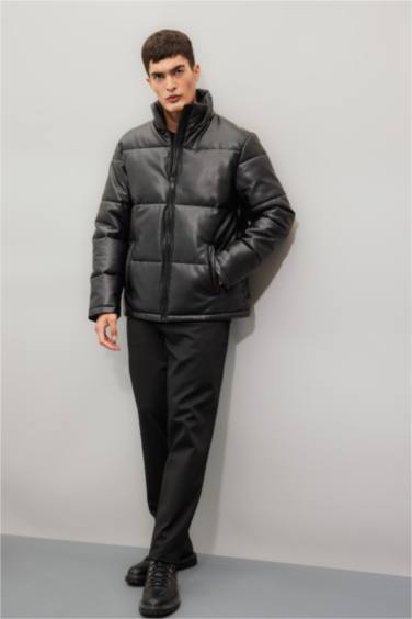 Waterproof Regular Fit Stand Collar Zippered Faux Leather Puffer Jacket