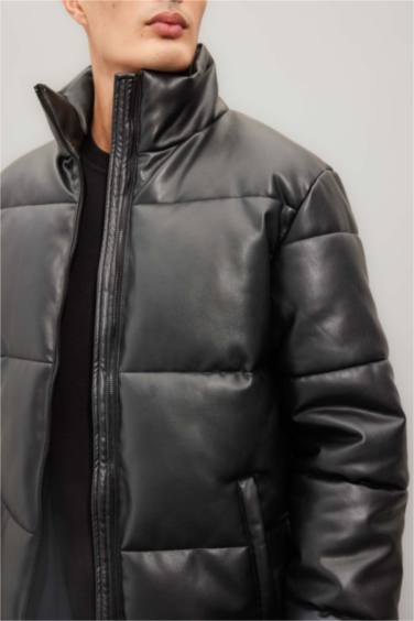 Waterproof Regular Fit Stand Collar Zippered Faux Leather Puffer Jacket