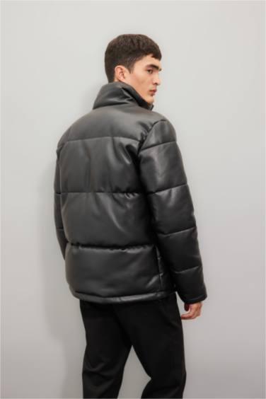 Waterproof Regular Fit Stand Collar Zippered Faux Leather Puffer Jacket