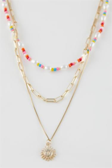 سلسله حريمي ذهبي بحجر ملون - 3 قطع