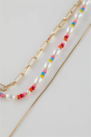 سلسله حريمي ذهبي بحجر ملون - 3 قطع