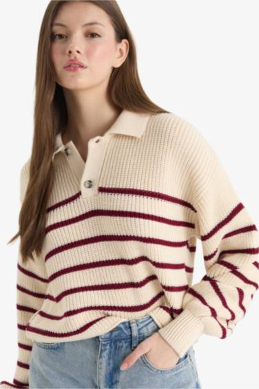 Relax Fit Polo Collar Buttoned Stripped Knit Pullover