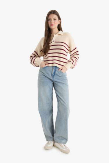 Relax Fit Polo Collar Buttoned Stripped Knit Pullover