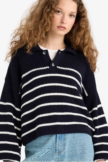 Relax Fit Polo Collar Buttoned Stripped Knit Pullover