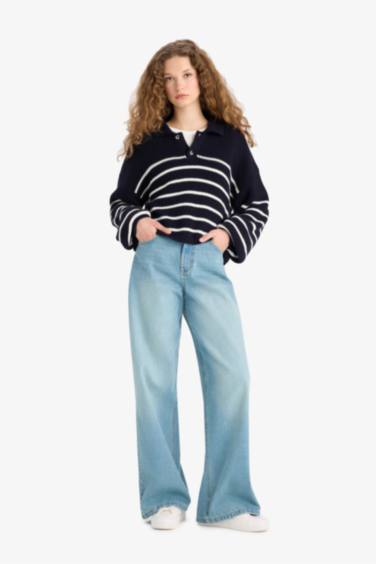 Relax Fit Polo Collar Buttoned Stripped Knit Pullover