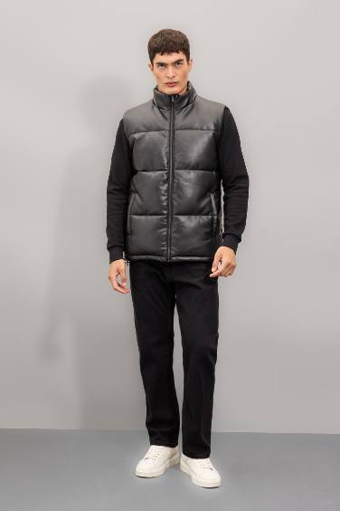 Su Geçirmez Şişme Suni Deri Yelek Dik Yaka Fermuarlı