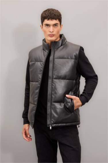 Su Geçirmez Şişme Suni Deri Yelek Dik Yaka Fermuarlı
