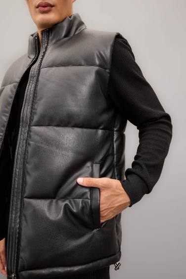 Su Geçirmez Şişme Suni Deri Yelek Dik Yaka Fermuarlı