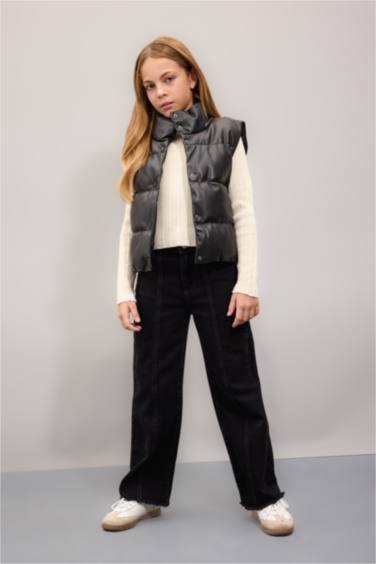 Kız Çocuk Su Geçirmez Dik Yaka Çıtçıtlı Suni Deri Şişme Yelek