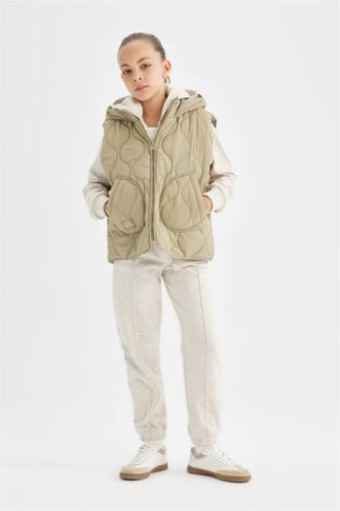 Kız Çocuk Su Geçirmez Kapüşonlu Cep Detaylı Kapitone Şişme Yelek