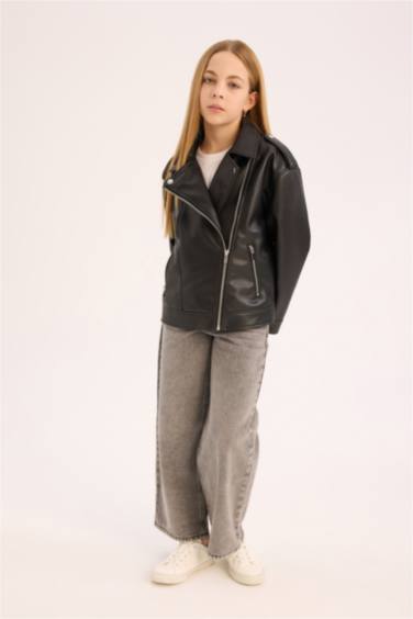 Kız Çocuk Su İtici Fermuarlı Suni Deri Ceket Mont