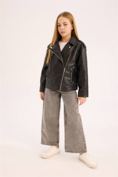 Kız Çocuk Su İtici Fermuarlı Suni Deri Ceket Mont