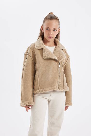 Girl Jacket Collar Plush Faux Leather Jacket