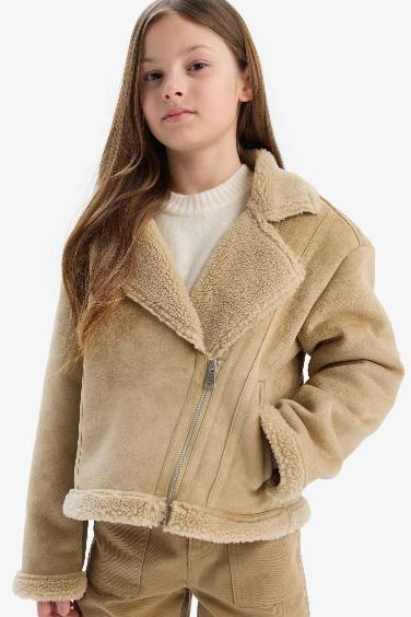 Girl Jacket Collar Plush Faux Leather Jacket