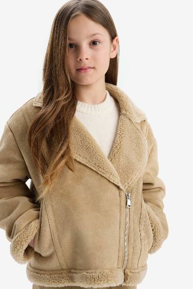 Girl Jacket Collar Plush Faux Leather Jacket