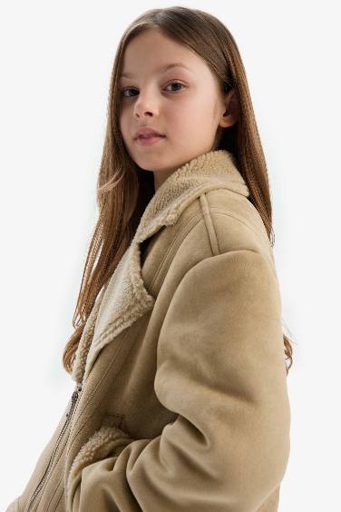 Girl Jacket Collar Plush Faux Leather Jacket