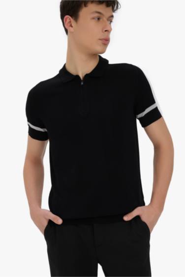 Slim Fit Dar Kesim Polo Yaka Fermuarlı Kısa Kollu Triko Tişört