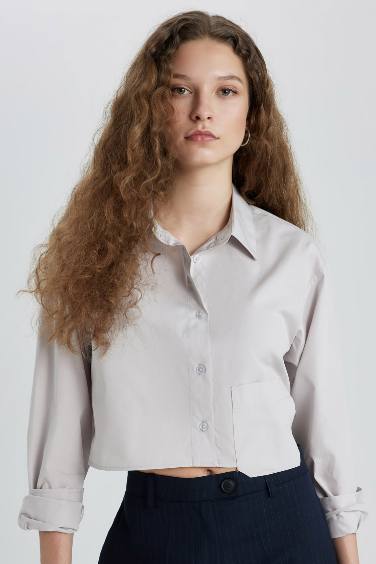 Oversize Fit Poplin Long Sleeve Crop Shirt