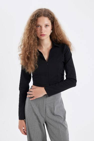 Siyah Fitted Vücuda Oturan Gömlek Yaka Fermuarlı Bengalin Uzun Kollu Crop Basic Düz Bluz