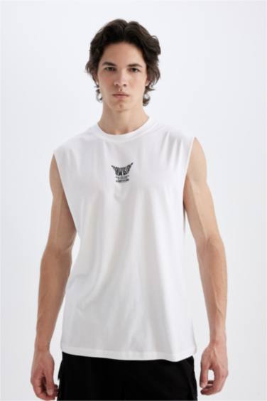 Boxy Fit Printed Crew Neck Sleeveless T-Shirt