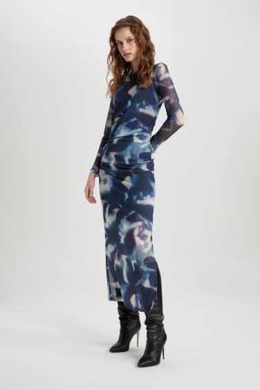 Bodycon Round Collar Batic Tulle Midi Dress