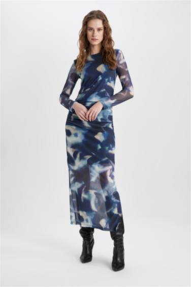 Bodycon Round Collar Batic Tulle Midi Dress