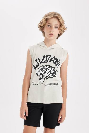 Boy Printed Hooded Sleeveless T-Shirt