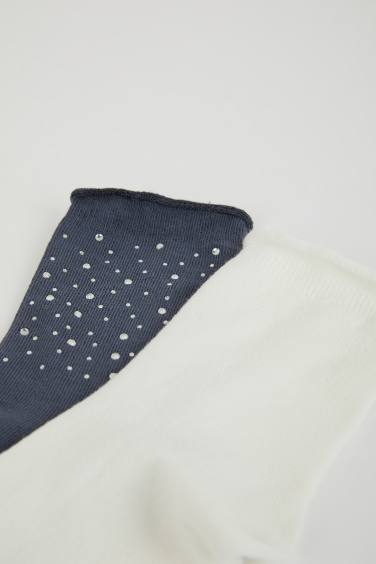 Woman Appliqued 2 Piece Cotton Long Socks