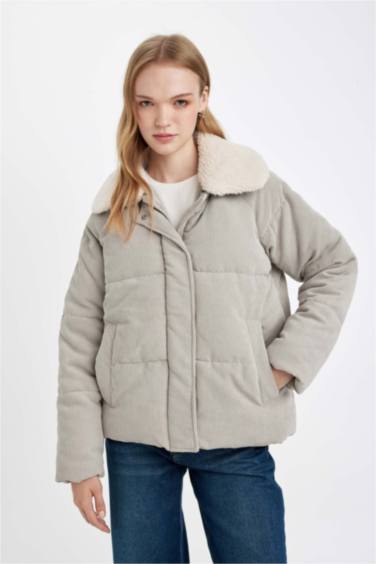 Kadife Mont Suni Kürklü Yaka Fermuar Çıtçıtlı Cepli Regular Kalıp