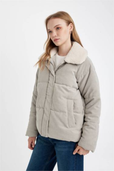 Kadife Mont Suni Kürklü Yaka Fermuar Çıtçıtlı Cepli Regular Kalıp