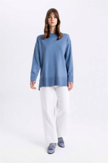 Regular Fit Bisiklet Yaka Yandan Yırtmaçlı Basic Düz Triko Kazak Tunik