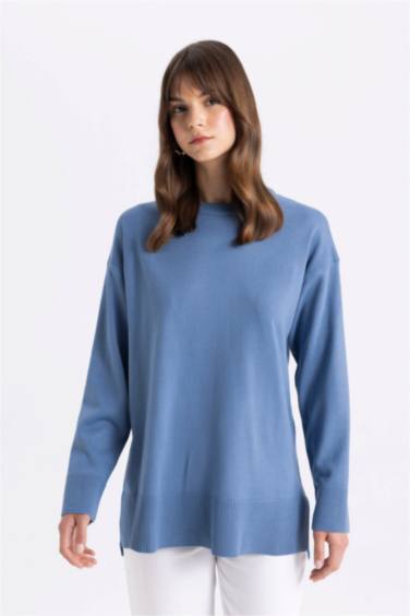 Regular Fit Bisiklet Yaka Yandan Yırtmaçlı Basic Düz Triko Kazak Tunik