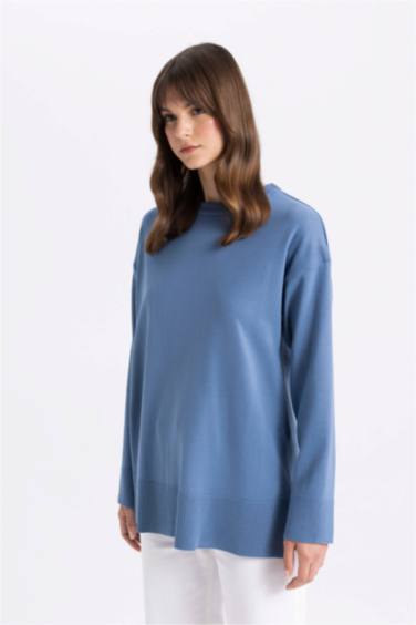 Regular Fit Bisiklet Yaka Yandan Yırtmaçlı Basic Düz Triko Kazak Tunik