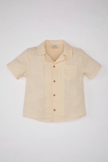 Baby Boy Open Collar Muslin Short Sleeve Shirt