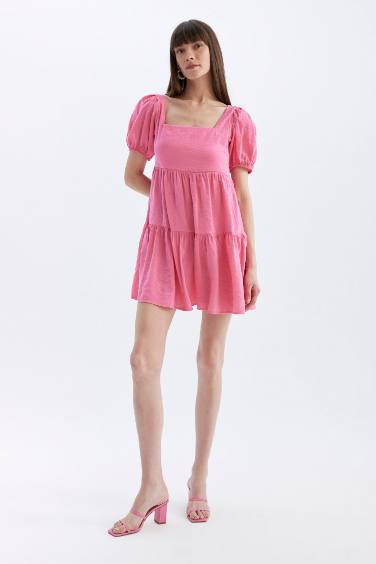 Babydoll Square Neck Short Sleeve Midi Dress