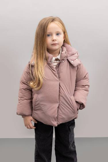 Kız Bebek Kapüşonlu Su İtici İçi Yumuşak Tüylü Cepli Çıtçıtlı Fermuarlı Şişme Mont