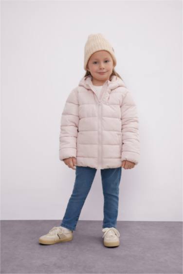 Kız Bebek Su itici Beli Lastikli Kapüşonlu Fermuarlı Şişme Mont