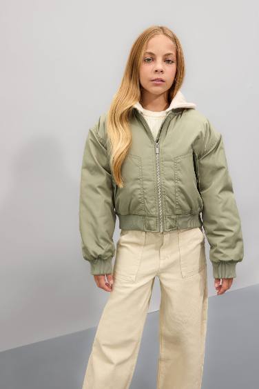 Girl Removable Hooded Ribbed Sleeved Bomber Jacket