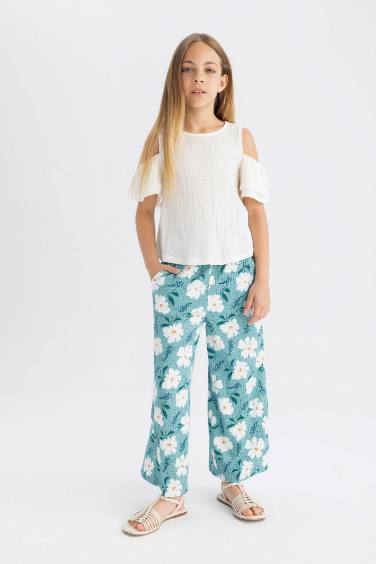 Pantalon Large à Fleurs Froncé pour Fille