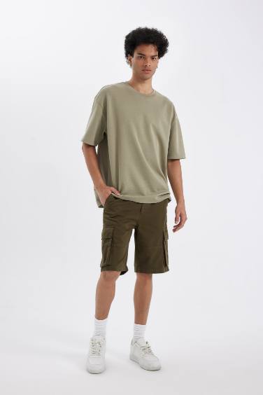 %100 Pamuk Relax Fit Düz Paça Gabardin Kargo Bermuda Şort