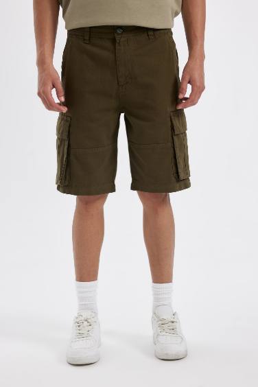 %100 Pamuk Relax Fit Düz Paça Gabardin Kargo Bermuda Şort