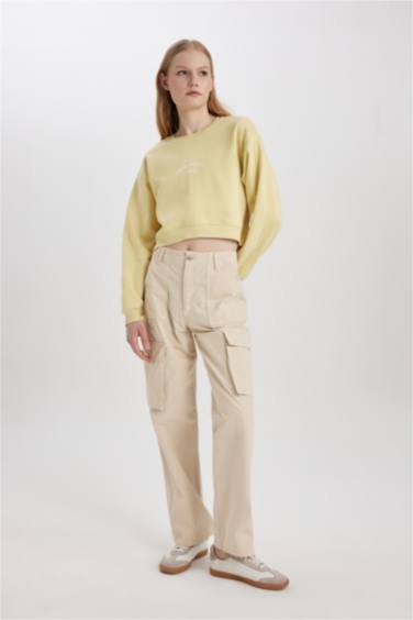 Boxy Fit Bisiklet Yaka Baskılı Kalın Sweatshirt