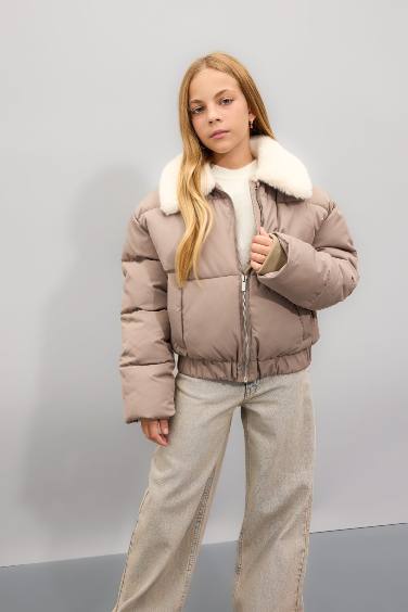 Jacket Doudoune à col en fausse fourrure avec fermeture éclair pour Fille