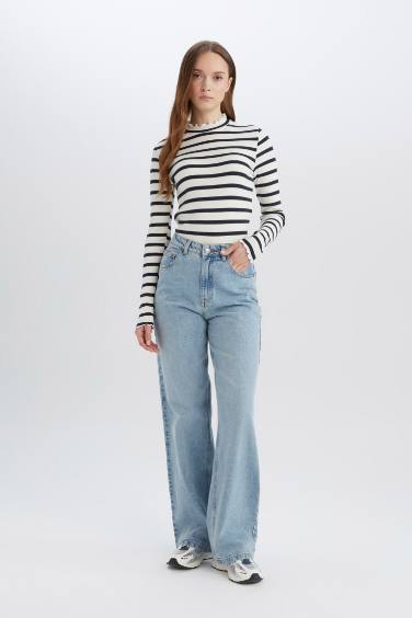 Yarım Balıkçı Yaka Çizgili Uzun Kollu Tişört