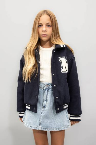 Kız Çocuk Yazı Baskılı Çıtçıtlı Ribana Kollu Kolej Mont