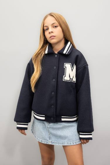 Kız Çocuk Yazı Baskılı Çıtçıtlı Ribana Kollu Kolej Mont