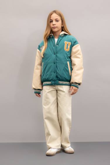 Girl Removable Hooded College Collar Bomber Jacket